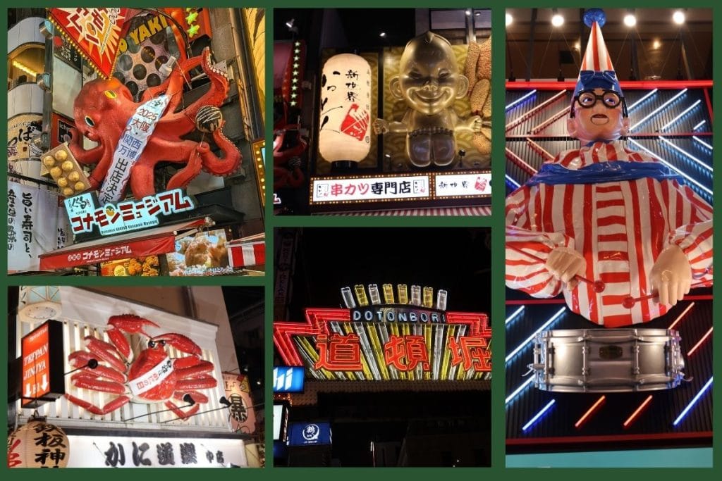Collage of five iconic shop fronts on Dotonbori Street in Osaka, including a giant octopus, a crab, the Kuidaore Taro clown mascot, the Dotonbori entrance sign, and a golden statue holding kushikatsu (deep-fried skewered food)