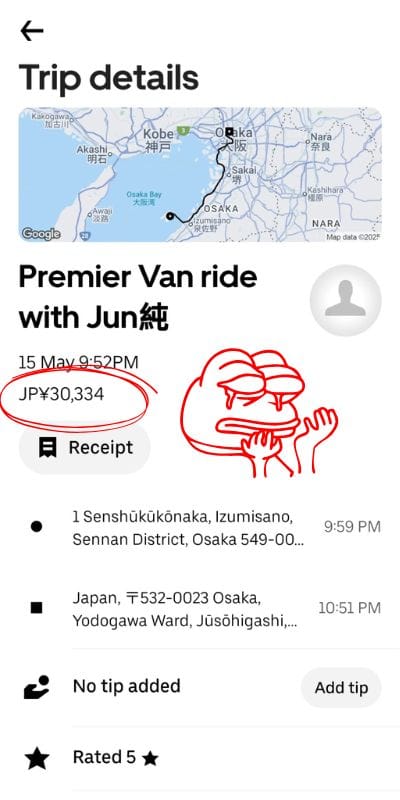 Uber fare in Japan showing ¥30,334 charge for a 45-minute ride, with crying cartoon meme reacting in disbelief