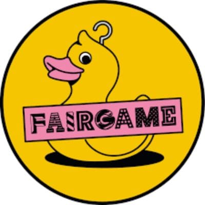 Fairgame logo featuring a yellow hook-a-duck with a pink ticket-style banner across it on a circular yellow background