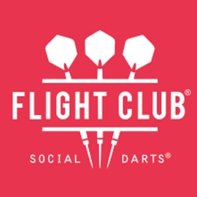 Flight Club Social Darts logo featuring three white dart flights above the brand name on a red background”