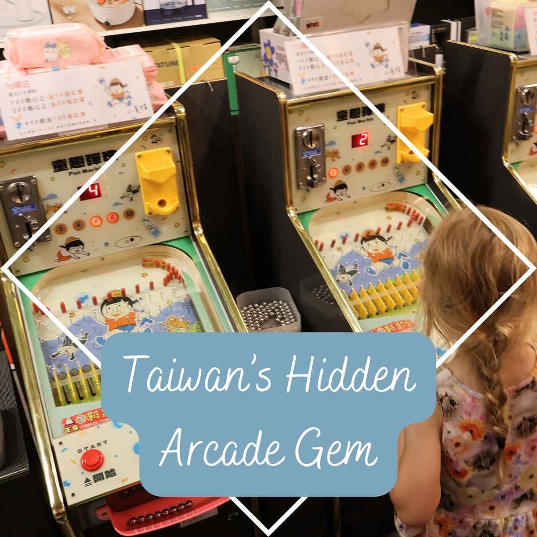 Child playing vintage Japanese-style pinball machine in Taiwan’s hidden arcade gem