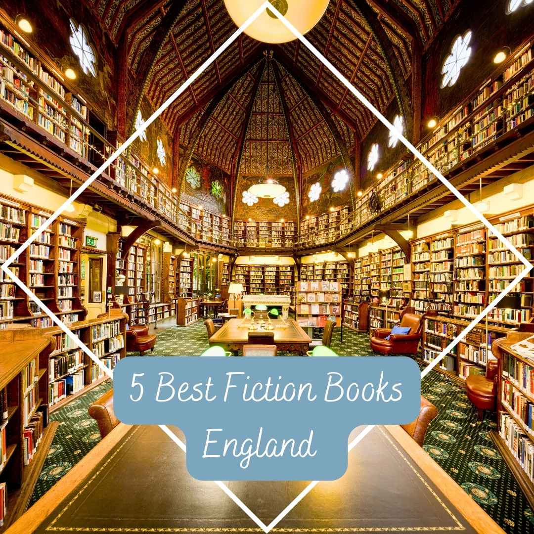 Interior of a grand English library with ornate wooden ceiling, shelves full of books, and reading tables, with text overlay reading ‘5 Best Fiction Books England’.