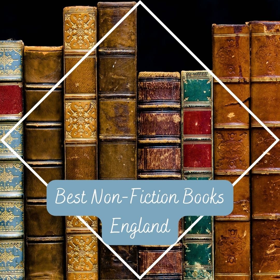 Stack of old leather-bound books representing the best non-fiction books from England.