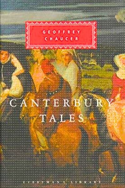 Cover of Geoffrey Chaucer’s Canterbury Tales, featuring a medieval-style painting of pilgrims on horseback, published by Everyman’s Library.