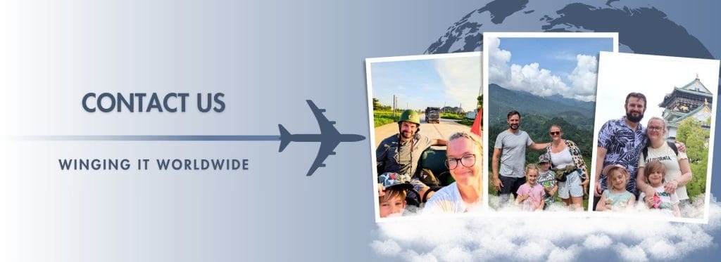 Winging It Worldwide family travel blog banner featuring airplane graphic, travel photos from Asia including Da Nang, Vietnam and Osaka, Japan, with text ‘Contact Us’