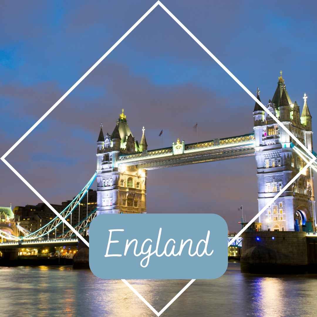 Tower Bridge in London illuminated at night with ‘England’ text overlay inside a diamond frame design.