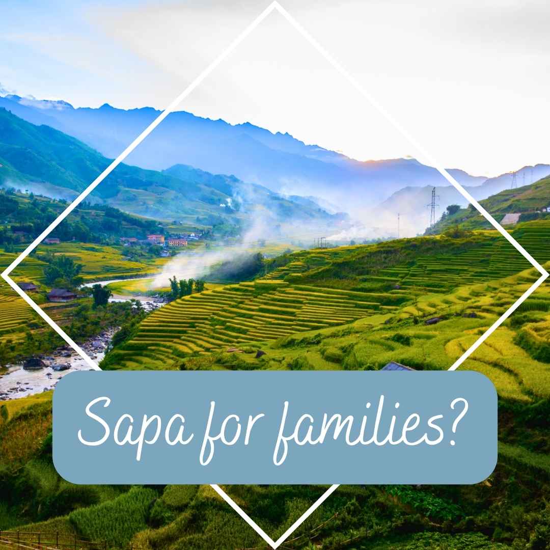 Terraced rice fields in Sapa, Vietnam with mountains and mist – family travel guide to visiting Sapa with kids.