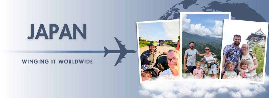 Family travel in Japan – Winging It Worldwide blog header with photos at Osaka Castle and scenic mountains.