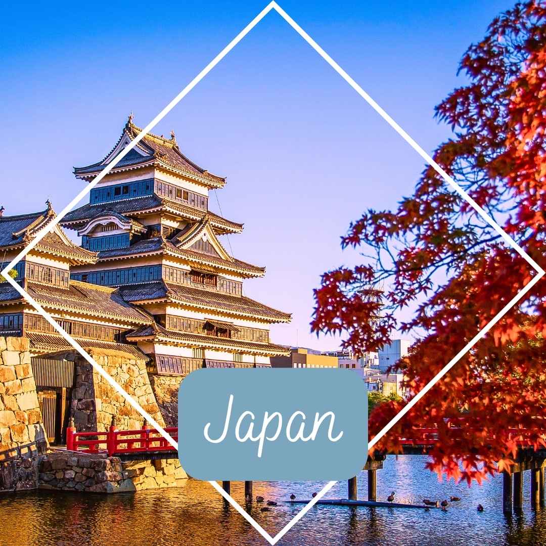 Matsumoto Castle in Japan with autumn leaves and blue sky, featuring ‘Japan’ text overlay inside a diamond frame design.
