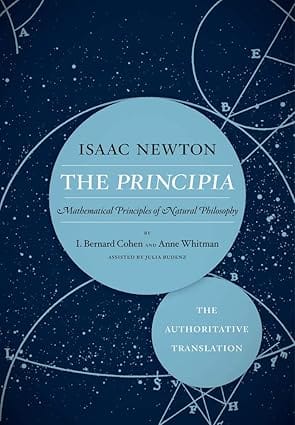 Cover of Isaac Newton’s Principia Mathematica, showing a blue background with white mathematical diagrams and planetary orbits, highlighting the foundational work in physics and natural philosophy.