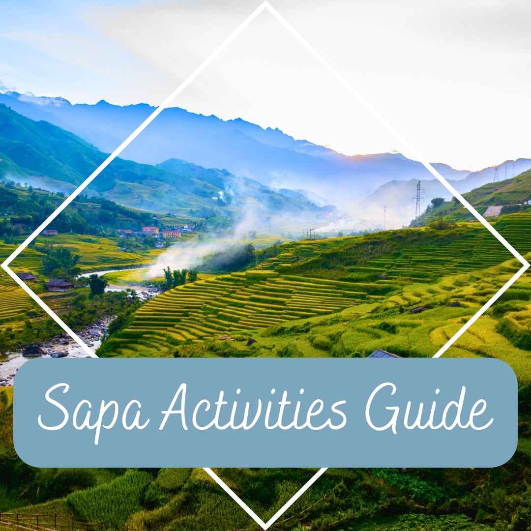 Terraced rice fields in the mountains of Sapa, Vietnam with misty sky – family travel and activities guide to Sapa.