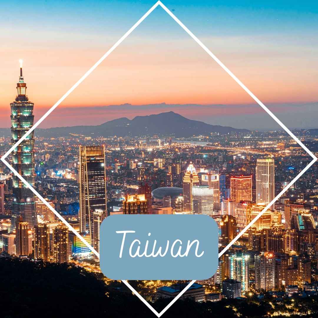 Taipei 101 and the city skyline of Taipei, Taiwan at sunset, with ‘Taiwan’ text overlay inside a diamond frame design