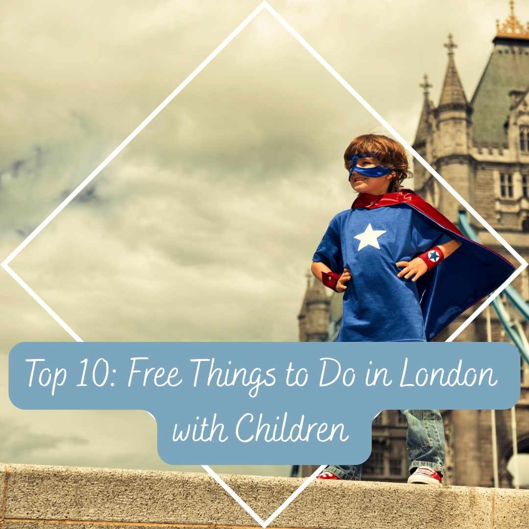hild dressed as superhero standing near Tower Bridge – blog cover image for Top 10 Free Things to Do in London with Children