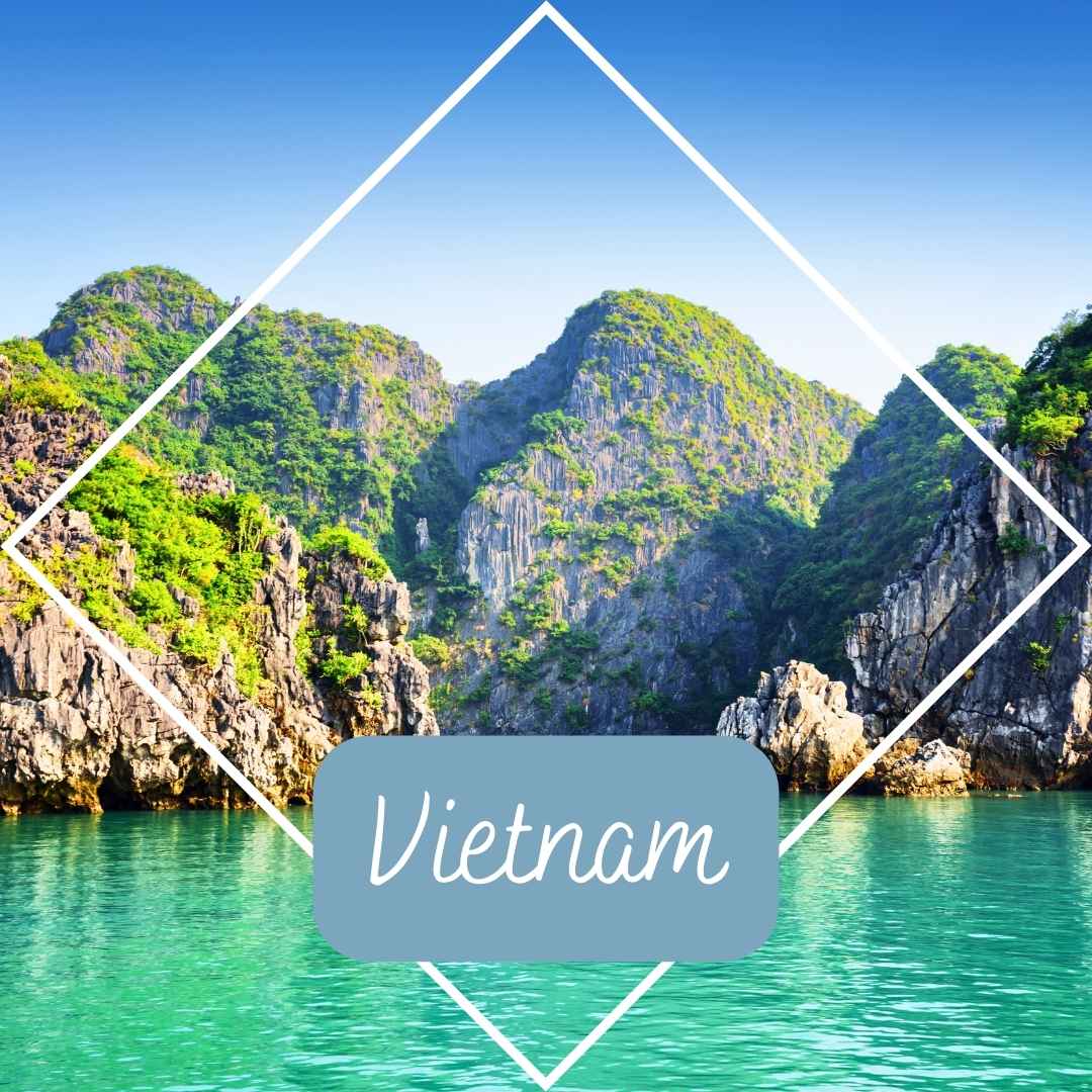 Scenic limestone karsts rising from emerald waters in Vietnam, with ‘Vietnam’ text overlay inside a diamond frame design