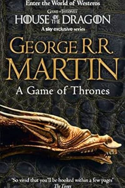 Book cover of A Game of Thrones by George R. R. Martin, featuring a golden dragon against a dark textured background, part of the A Song of Ice and Fire series.