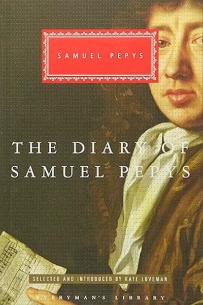 Cover of The Diary of Samuel Pepys, featuring a portrait of Pepys holding a sheet of music, with title text in white and a red nameplate banner at the top.