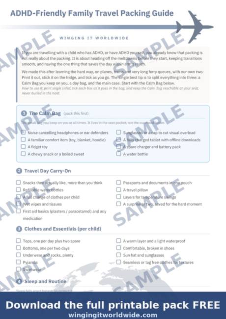 ADHD-friendly family travel packing list printable preview